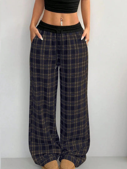 Plaid Perfection: Wide Leg Pants with Adjustable Drawstring for Ultimate Comfort - adritiX