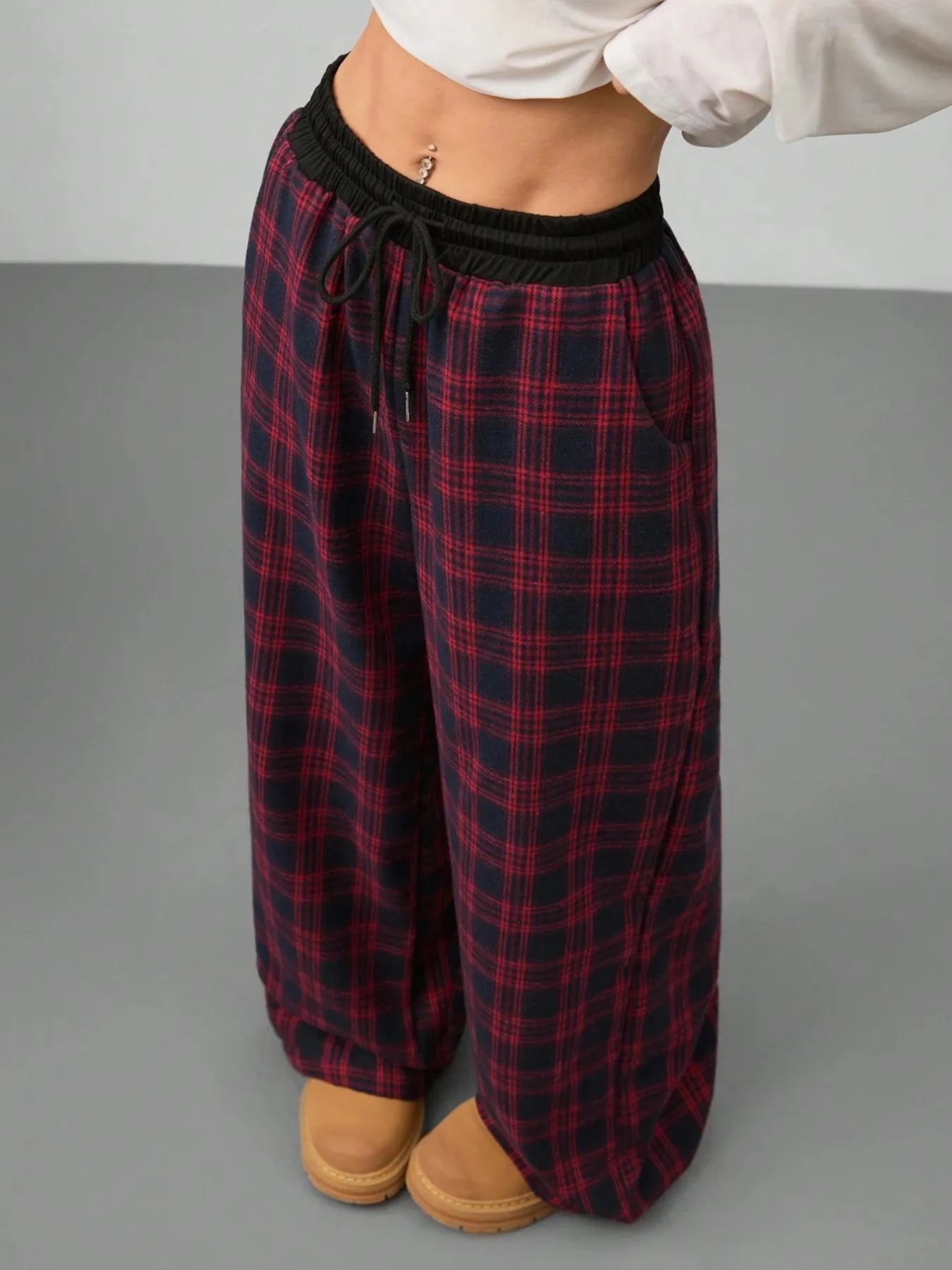 Plaid Perfection: Wide Leg Pants with Adjustable Drawstring for Ultimate Comfort - adritiX