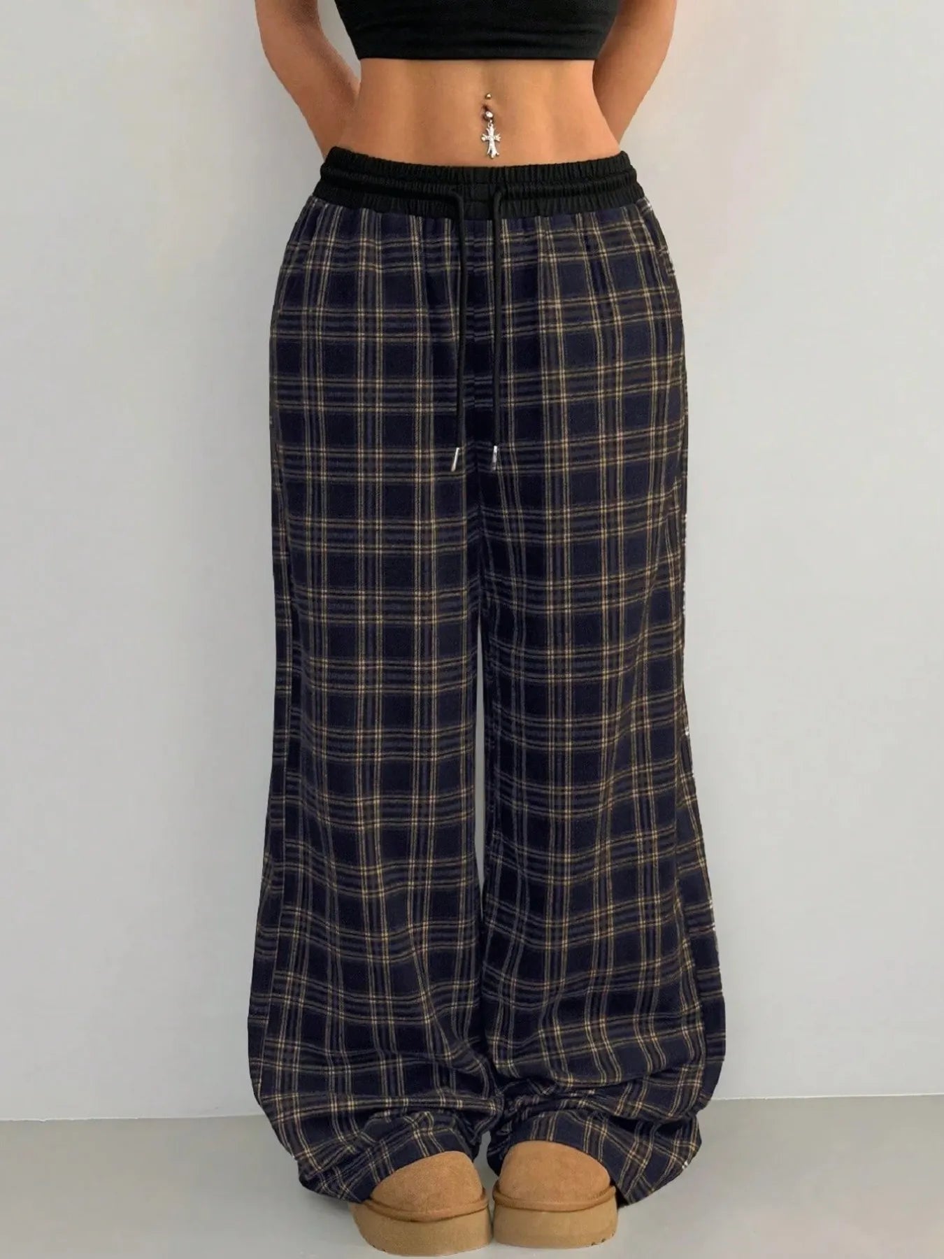 Plaid Perfection: Wide Leg Pants with Adjustable Drawstring for Ultimate Comfort - adritiX