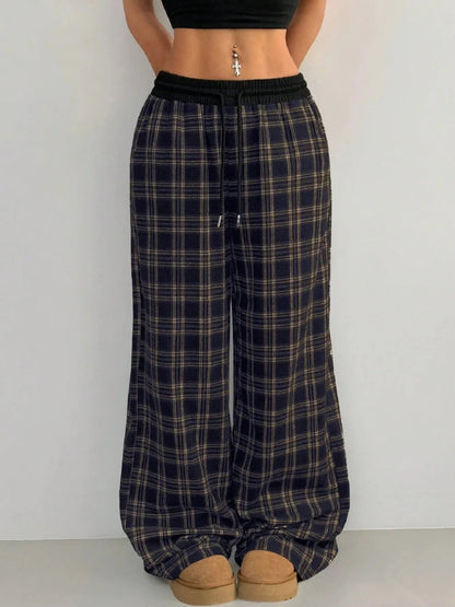 Plaid Perfection: Wide Leg Pants with Adjustable Drawstring for Ultimate Comfort - adritiX