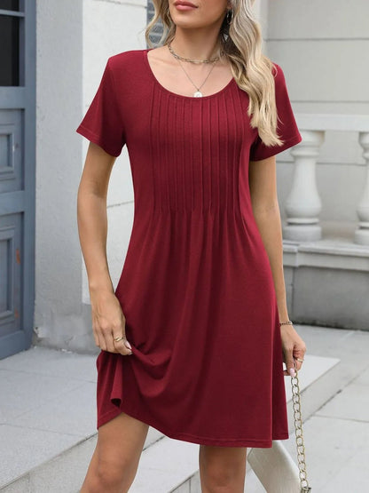 Pleated Front Round Neck Swing Dress - adritiX