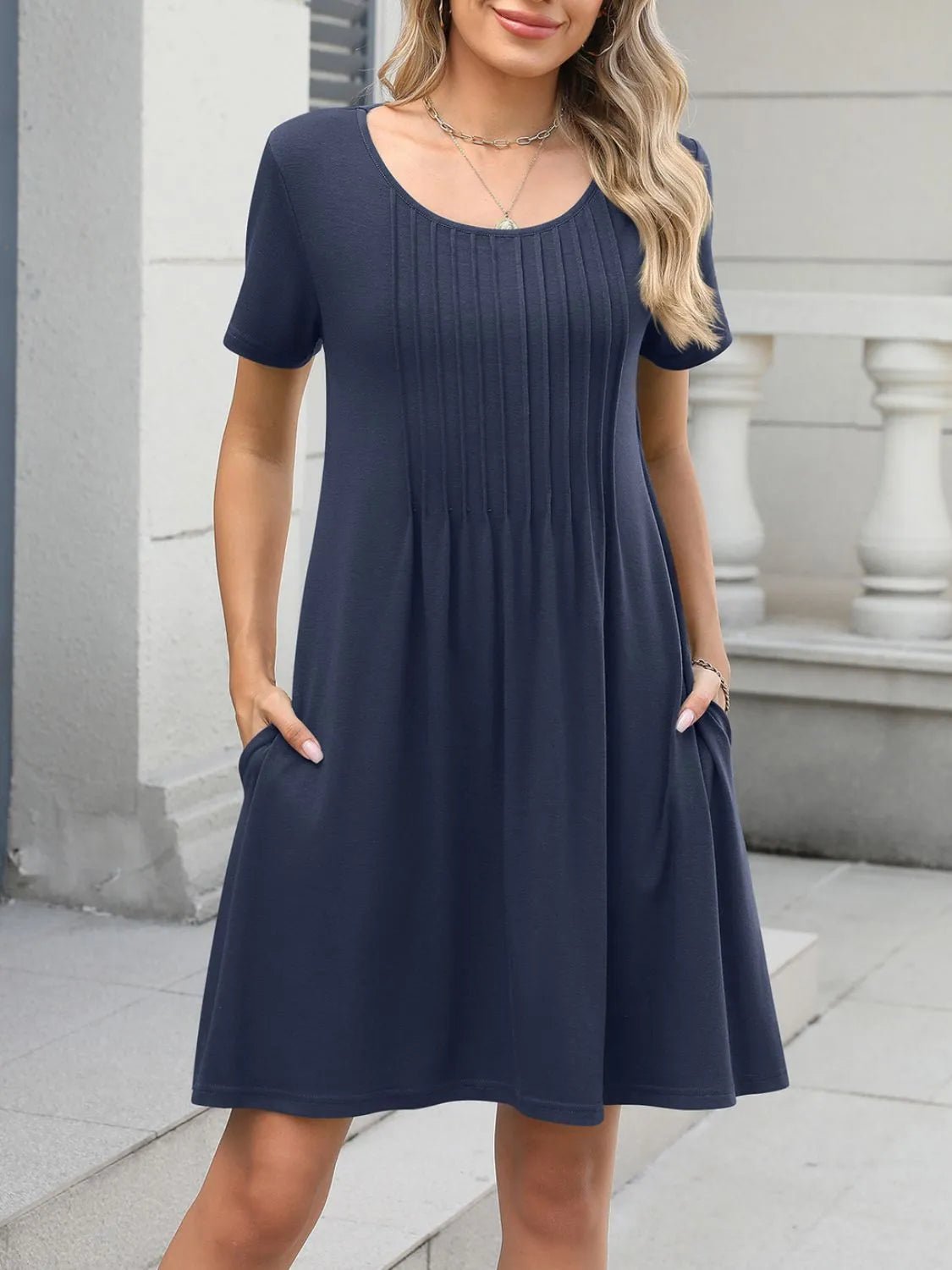 Pleated Front Round Neck Swing Dress - adritiX