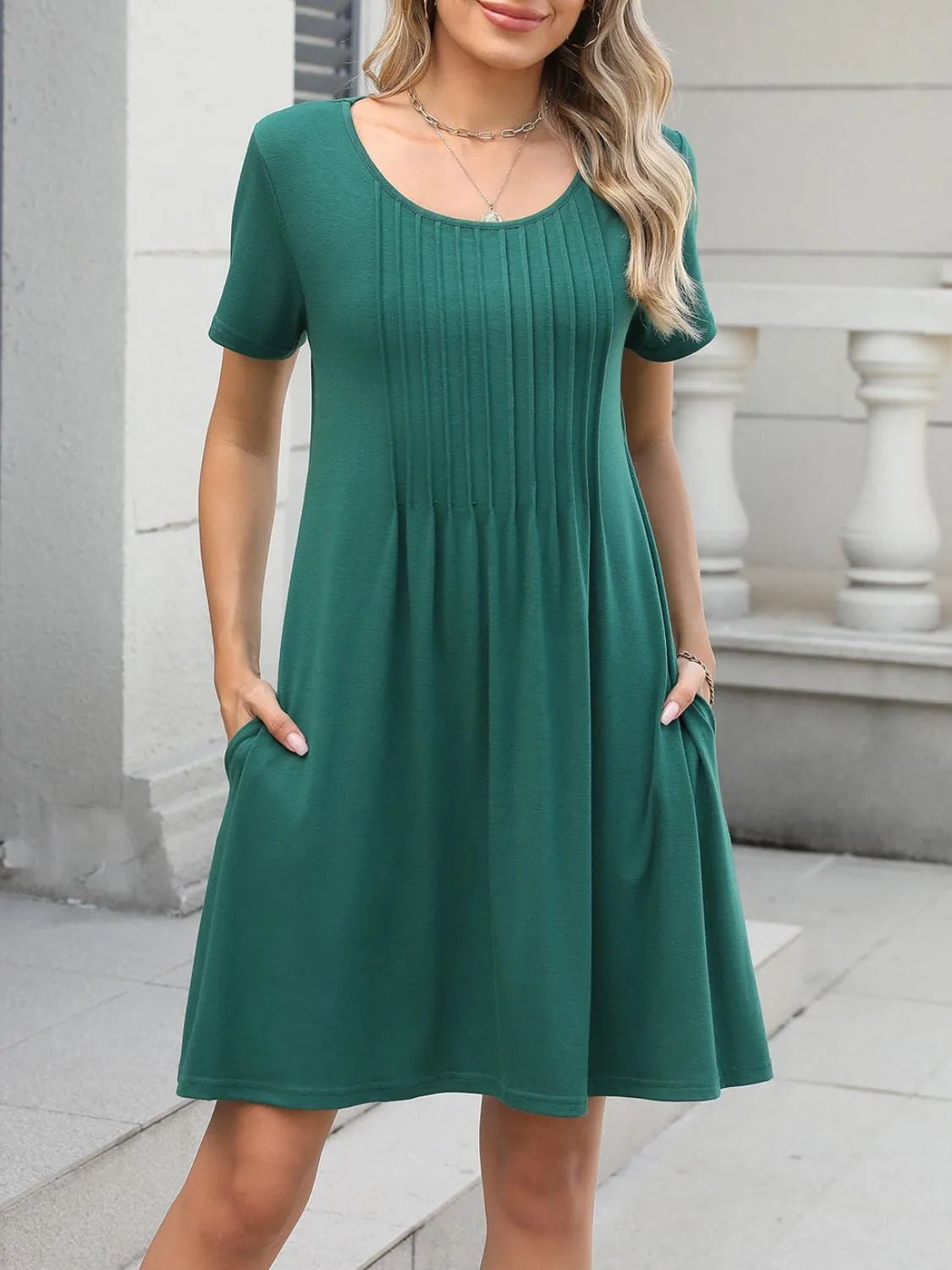 Pleated Front Round Neck Swing Dress - adritiX