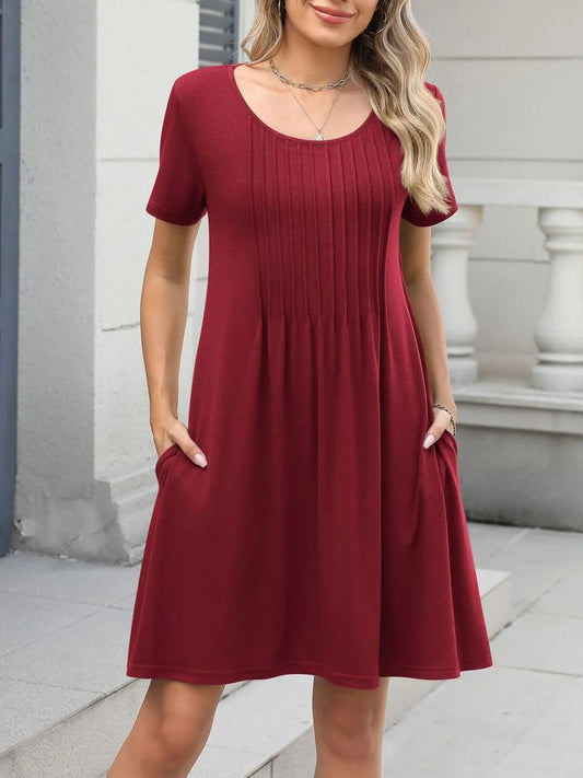 Pleated Front Round Neck Swing Dress - adritiX