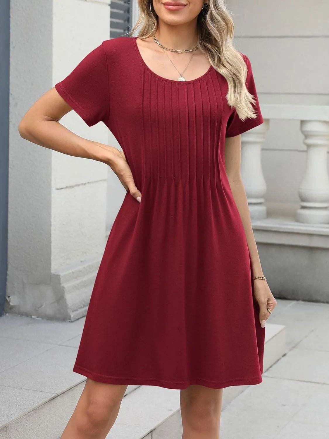 Pleated Front Round Neck Swing Dress - adritiX