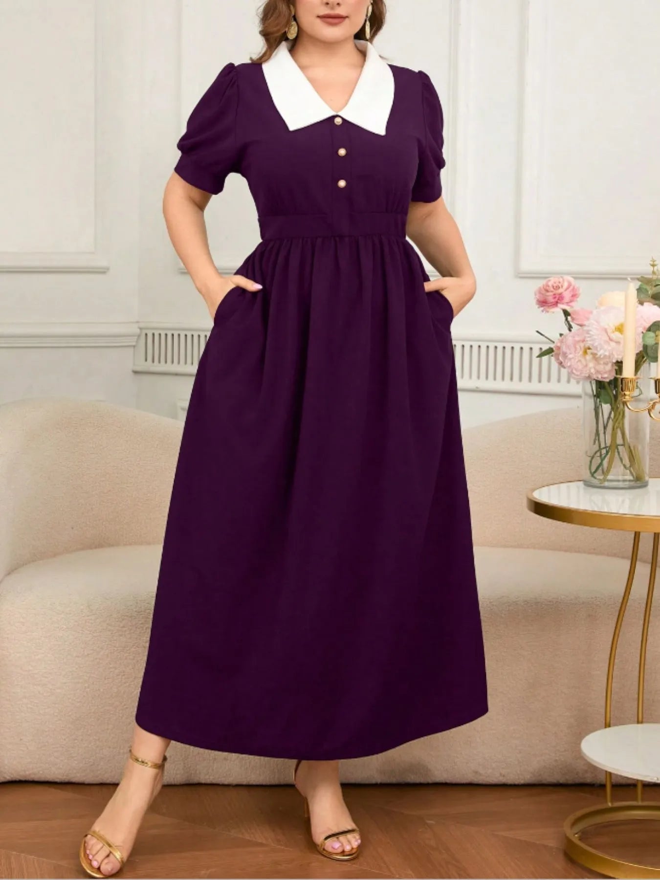 Plus Size Contrast Collar Short Sleeve Dress - adritiX