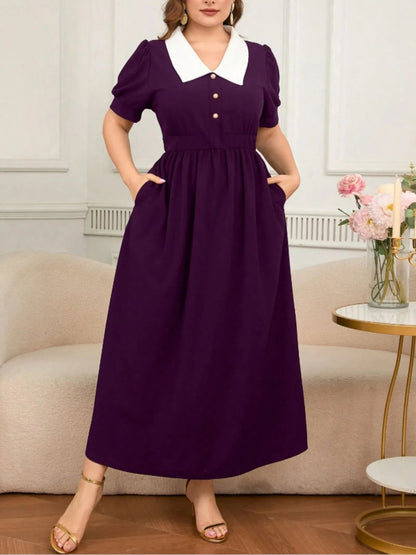 Plus Size Contrast Collar Short Sleeve Dress - adritiX