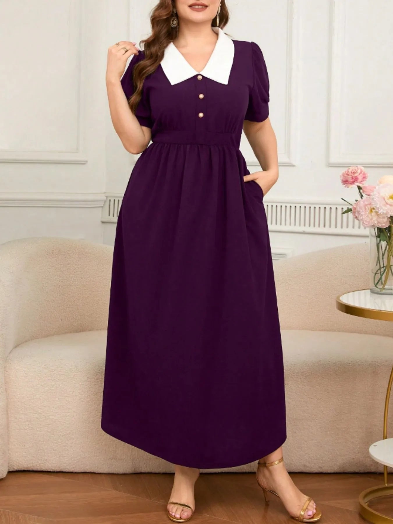 Plus Size Contrast Collar Short Sleeve Dress - adritiX