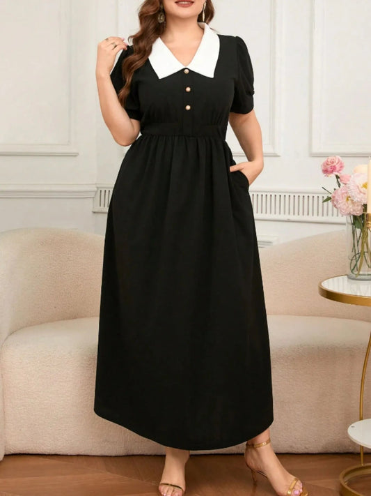 Plus Size Contrast Collar Short Sleeve Dress - adritiX