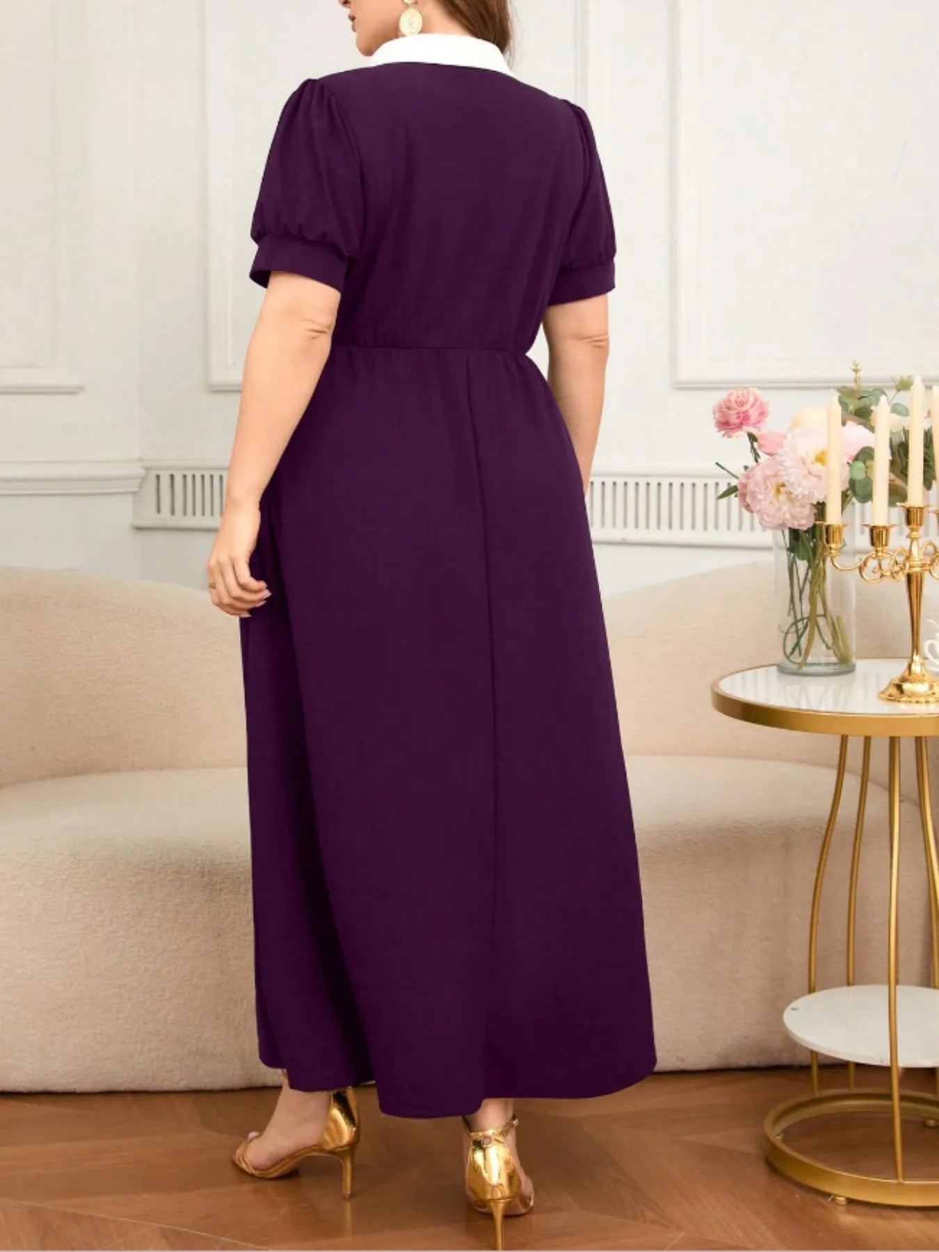 Plus Size Contrast Collar Short Sleeve Dress - adritiX