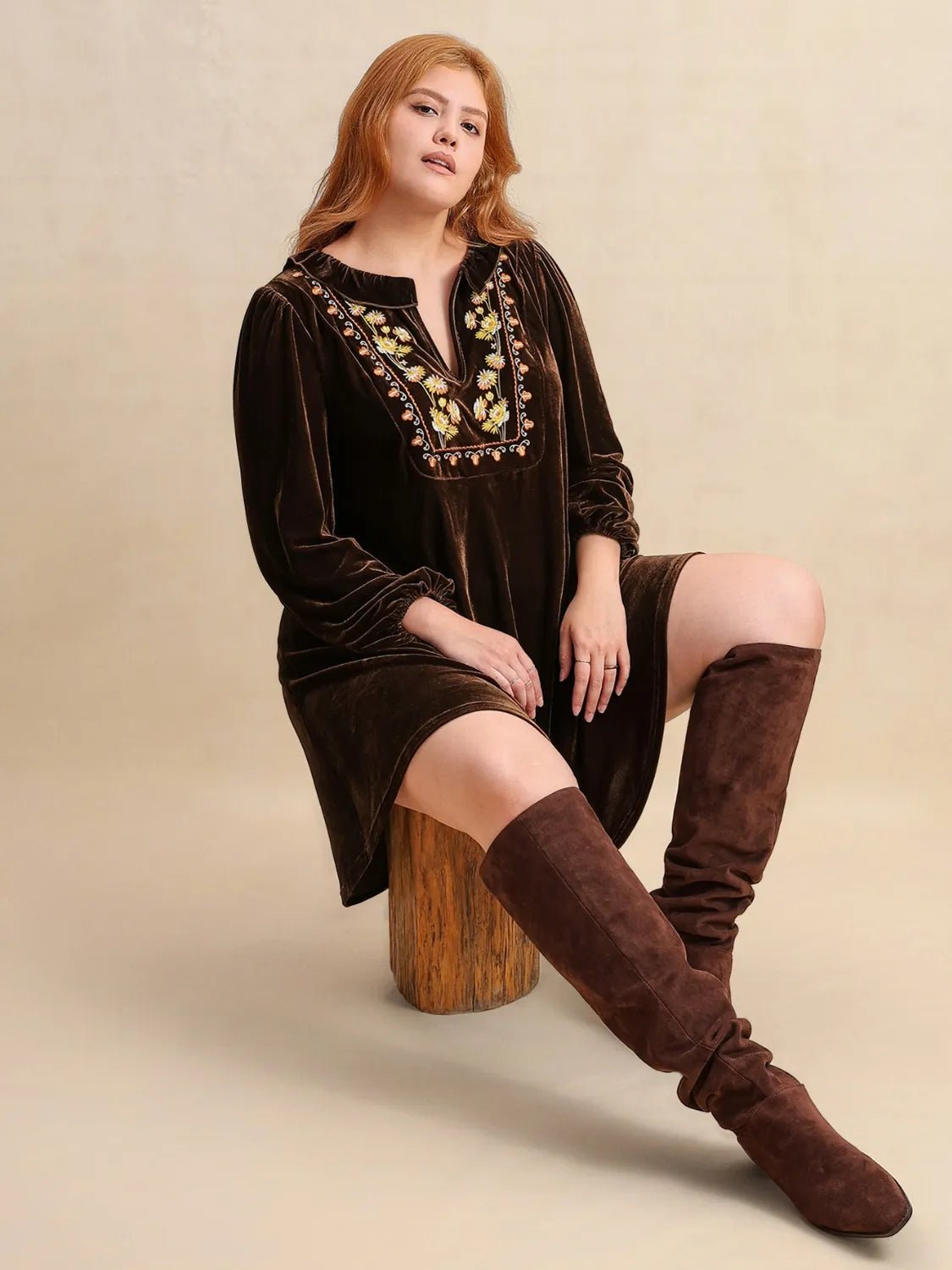 Plus Size Embroidered Notched Balloon Sleeve Mini Dress - adritiX