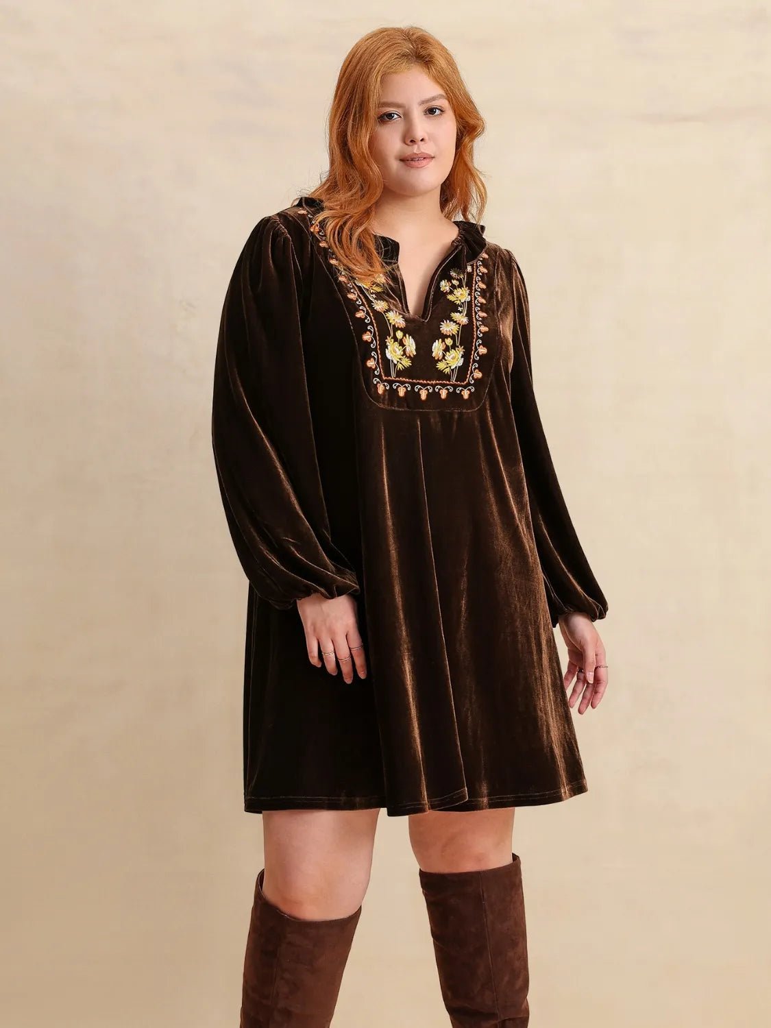 Plus Size Embroidered Notched Balloon Sleeve Mini Dress - adritiX