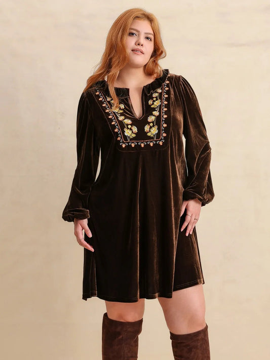 Plus Size Embroidered Notched Balloon Sleeve Mini Dress - adritiX