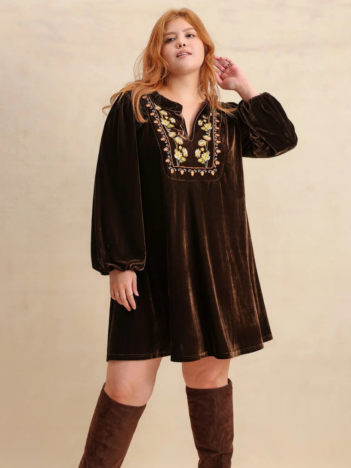 Plus Size Embroidered Notched Balloon Sleeve Mini Dress - adritiX