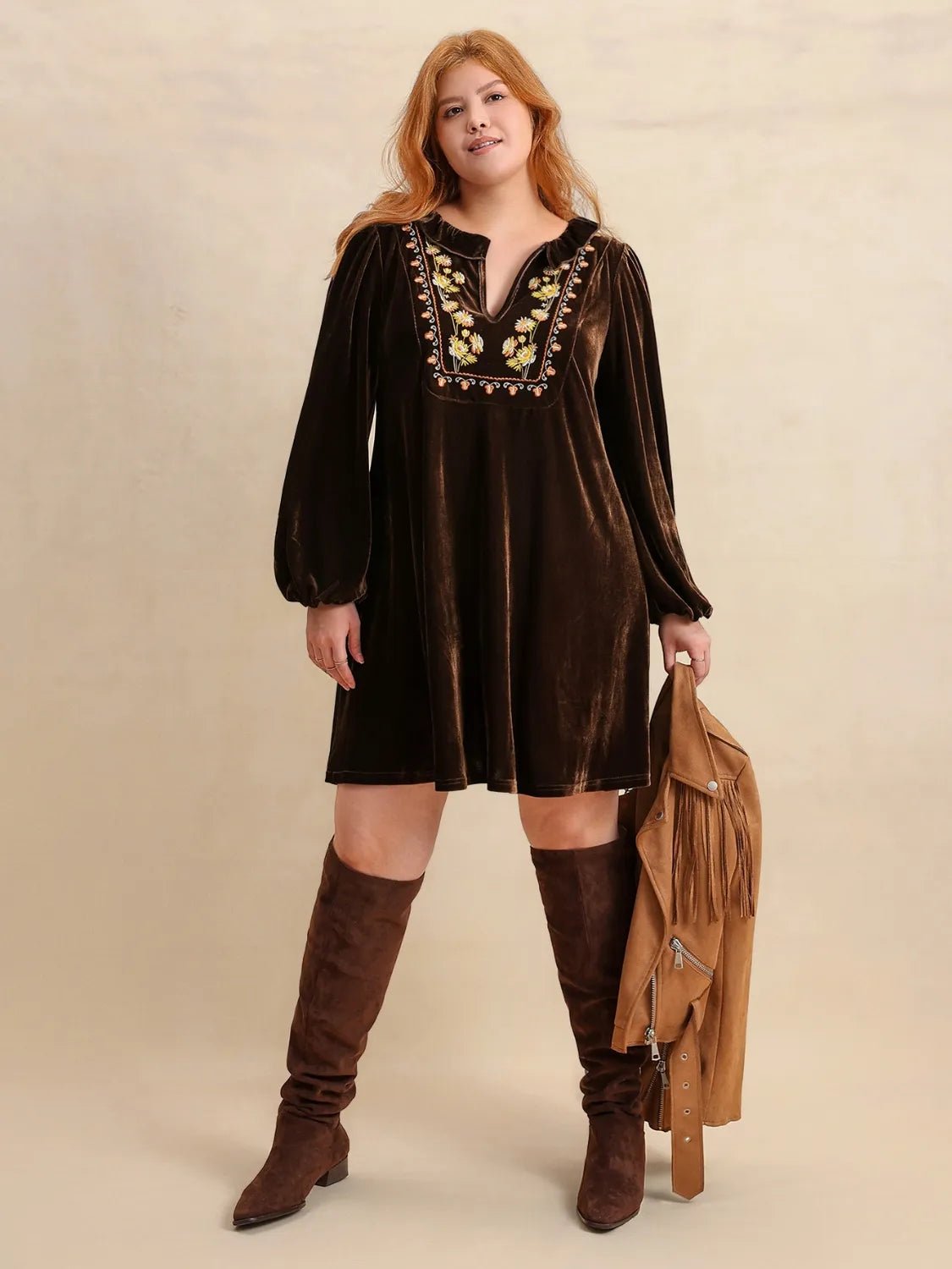 Plus Size Embroidered Notched Balloon Sleeve Mini Dress - adritiX