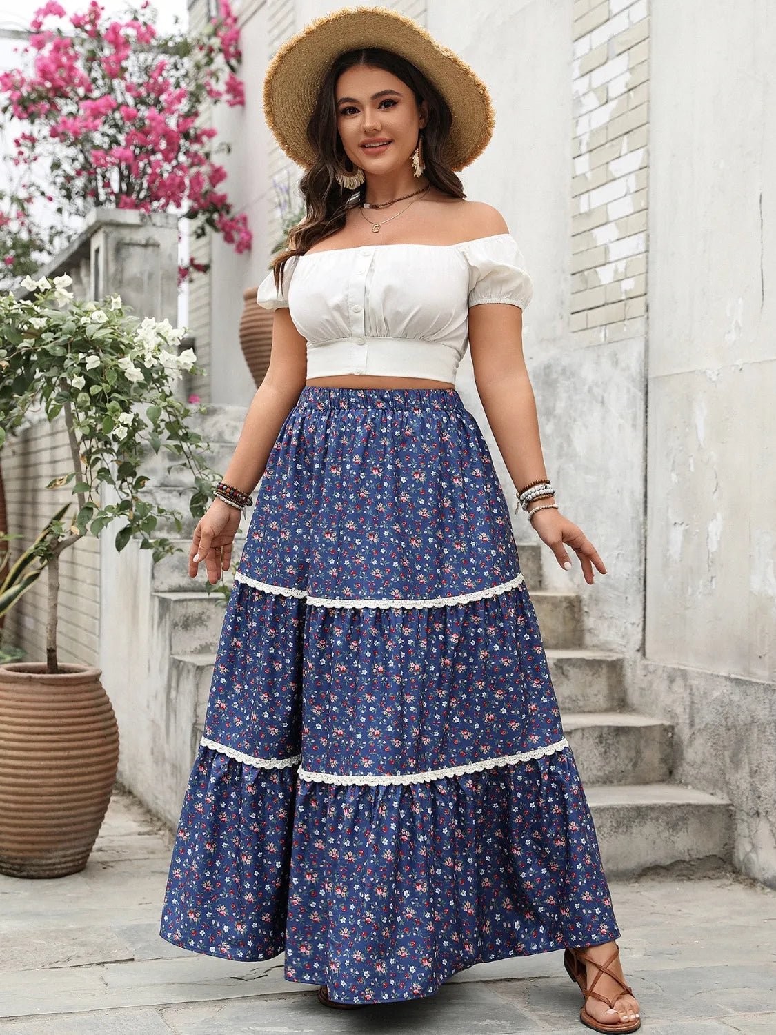 Plus Size Floral Elastic Waist Maxi Skirt - adritiX