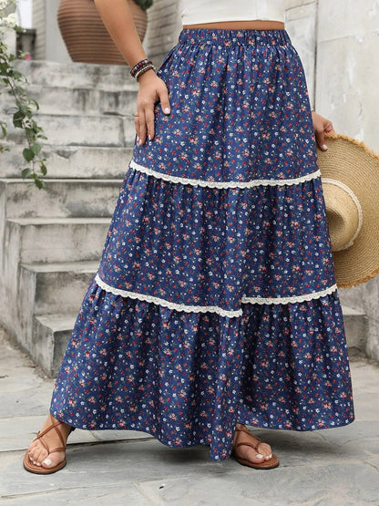 Plus Size Floral Elastic Waist Maxi Skirt - adritiX