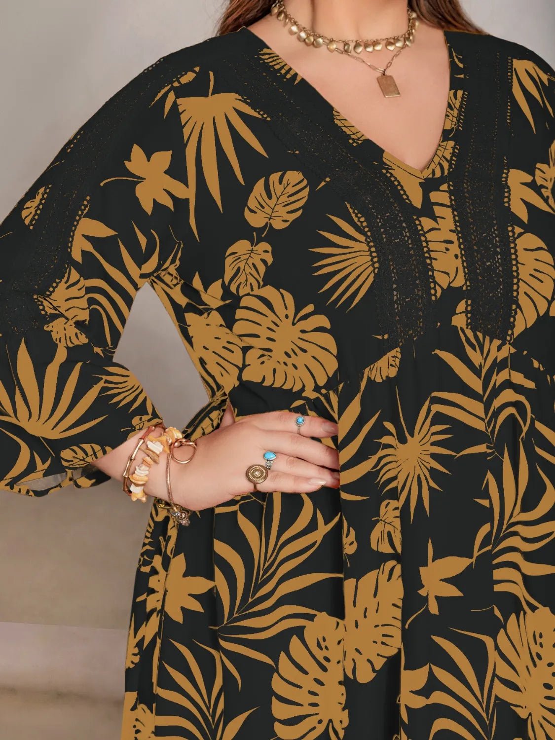 Plus Size Lace Detail Tropical Print Three - Quarter Sleeve Maxi Dress - adritiX
