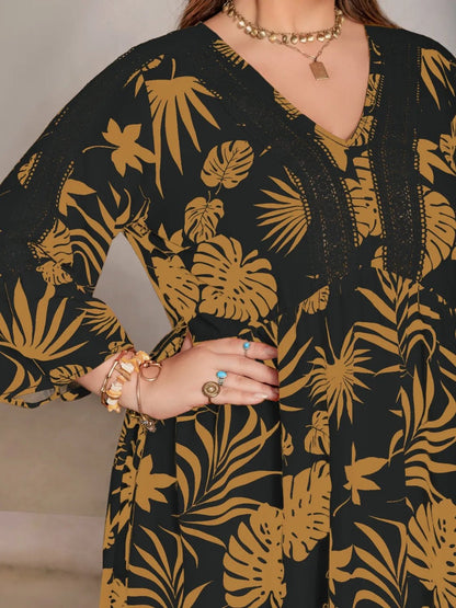 Plus Size Lace Detail Tropical Print Three - Quarter Sleeve Maxi Dress - adritiX