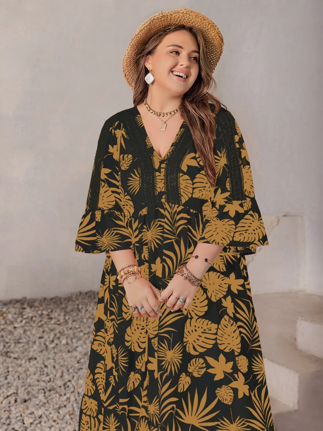 Plus Size Lace Detail Tropical Print Three - Quarter Sleeve Maxi Dress - adritiX