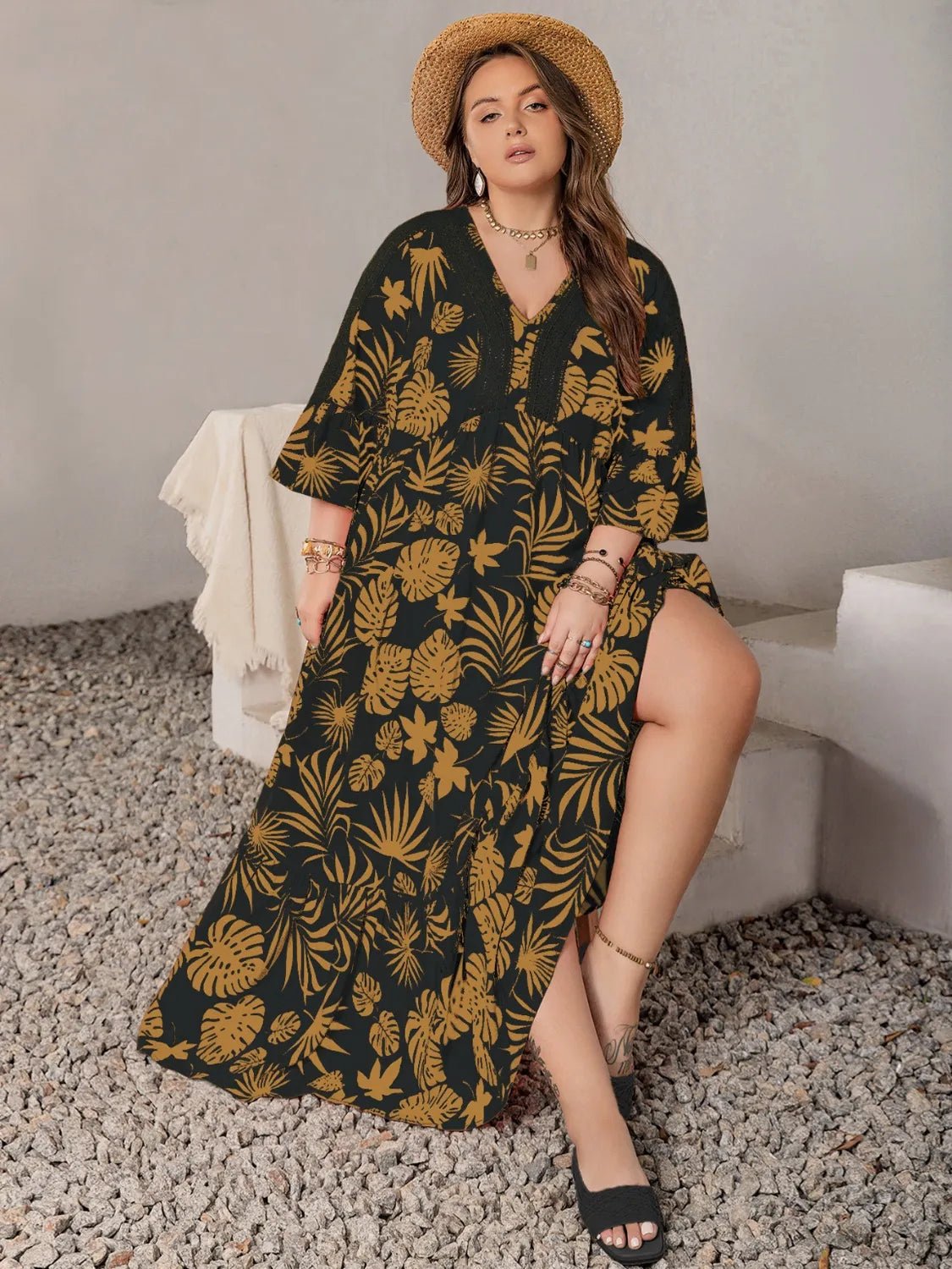 Plus Size Lace Detail Tropical Print Three - Quarter Sleeve Maxi Dress - adritiX