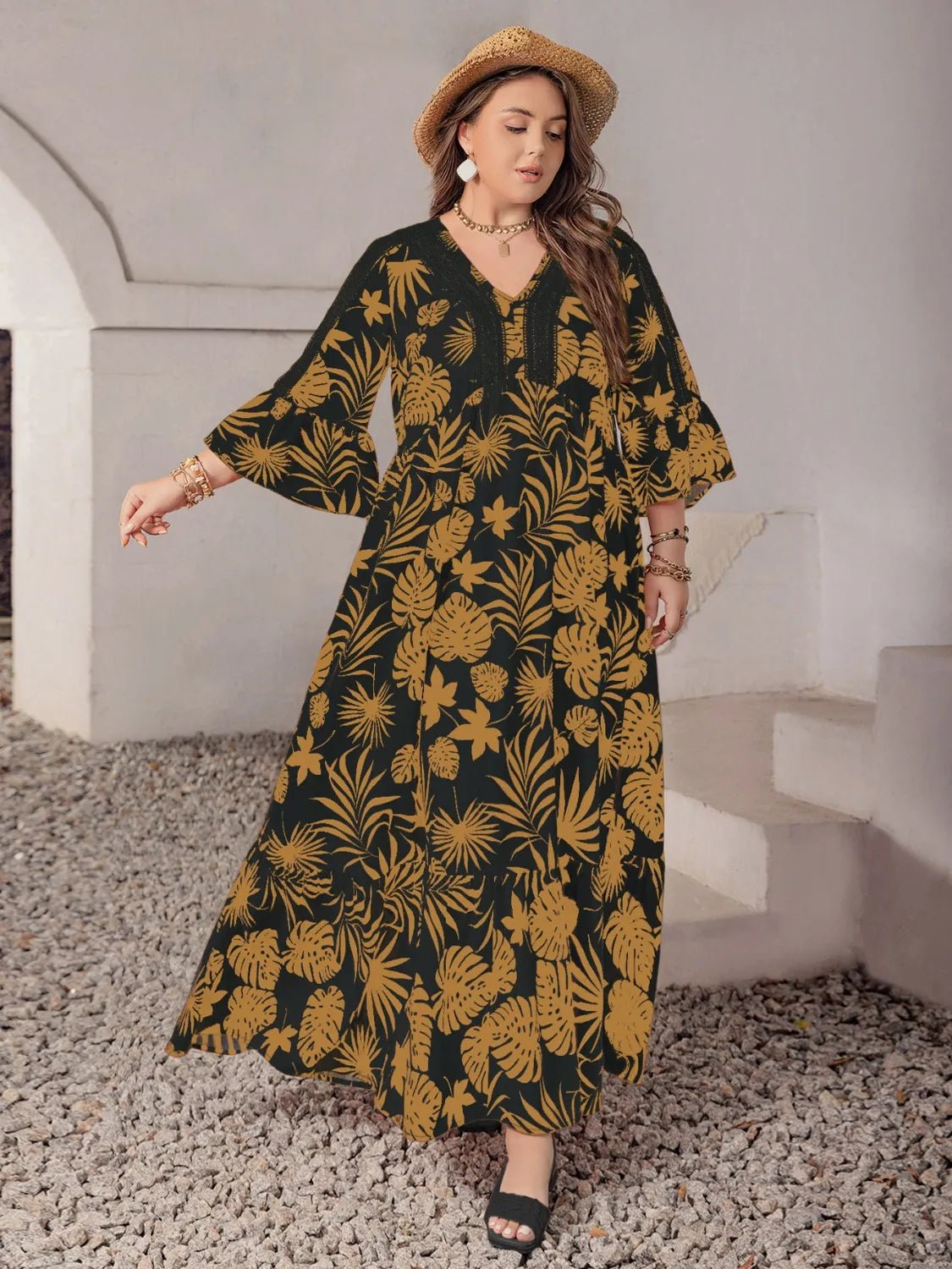 Plus Size Lace Detail Tropical Print Three - Quarter Sleeve Maxi Dress - adritiX