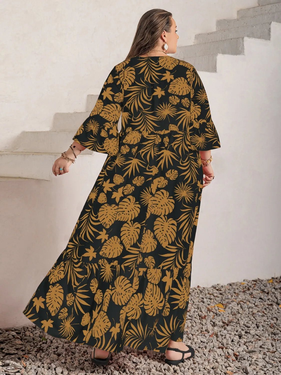 Plus Size Lace Detail Tropical Print Three - Quarter Sleeve Maxi Dress - adritiX