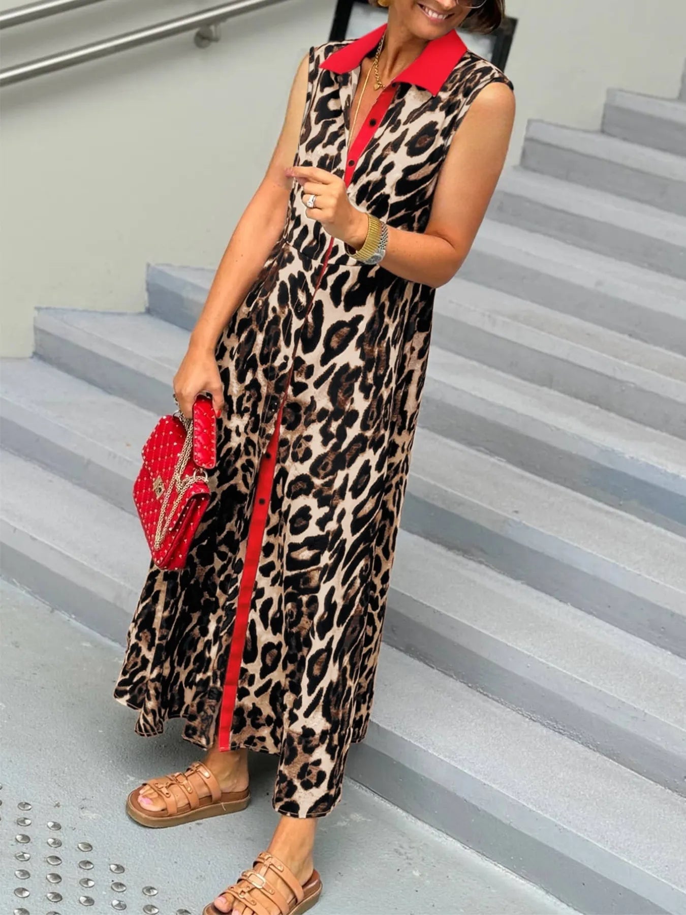 Plus Size Leopard Print Sleeveless Maxi Dress - adritiX