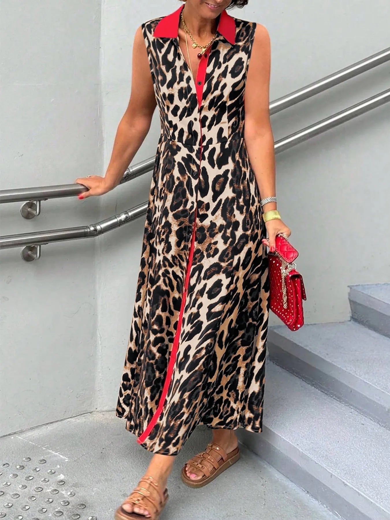 Plus Size Leopard Print Sleeveless Maxi Dress - adritiX