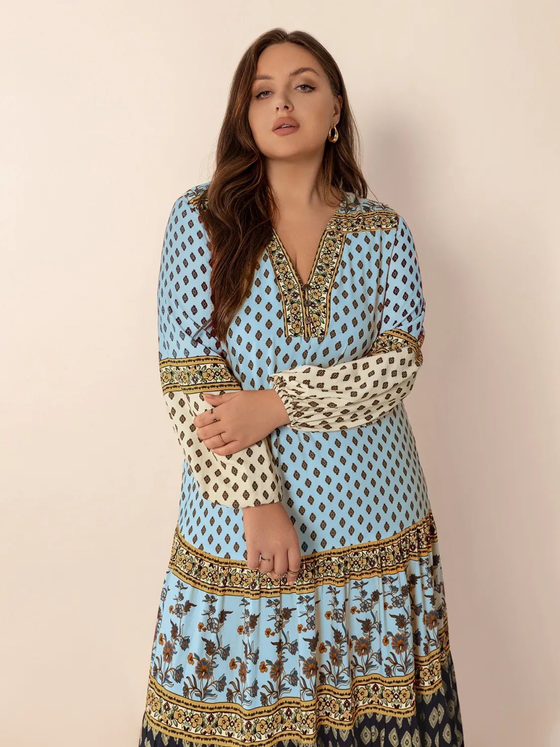 Plus Size Printed V - Neck Balloon Sleeve Maxi Dress - adritiX