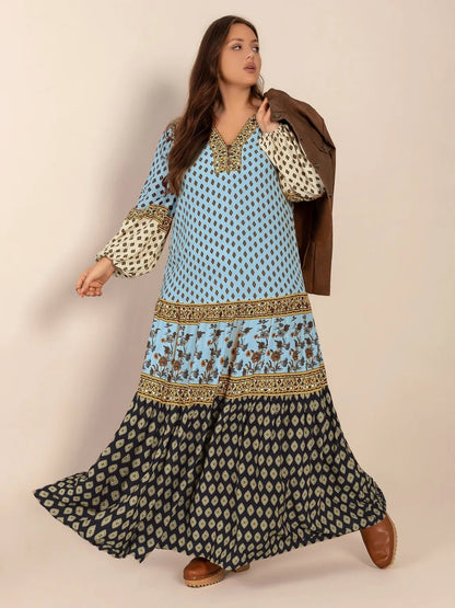 Plus Size Printed V - Neck Balloon Sleeve Maxi Dress - adritiX