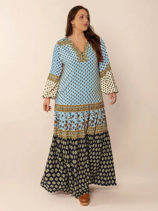 Plus Size Printed V - Neck Balloon Sleeve Maxi Dress - adritiX