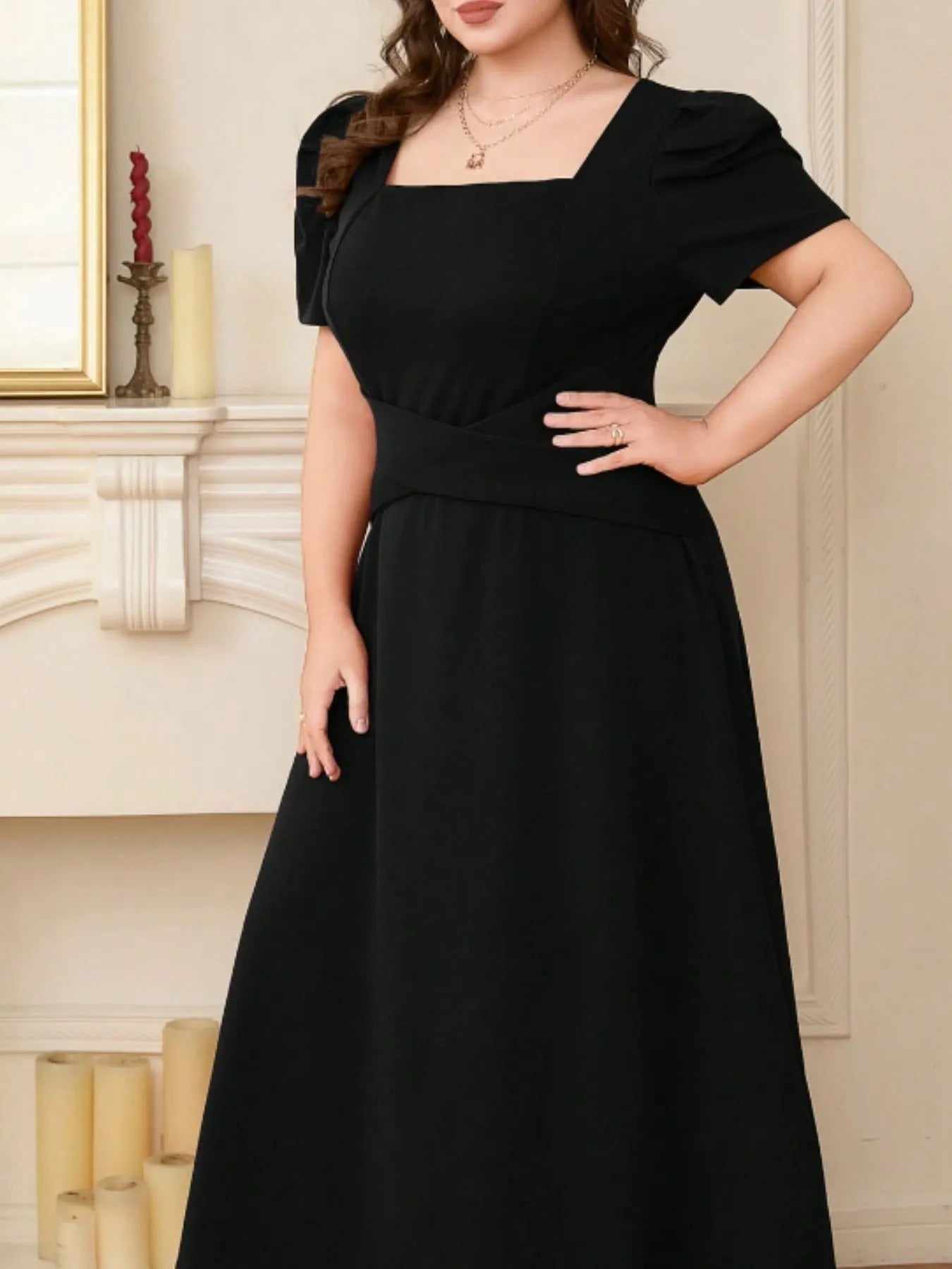 Plus Size Square Neck Puff Sleeve Midi Dress - adritiX