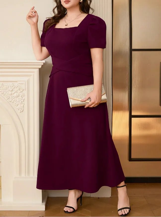 Plus Size Square Neck Puff Sleeve Midi Dress - adritiX