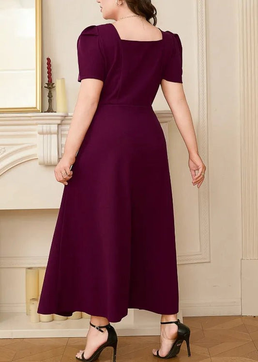 Plus Size Square Neck Puff Sleeve Midi Dress - adritiX