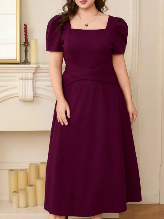 Plus Size Square Neck Puff Sleeve Midi Dress - adritiX