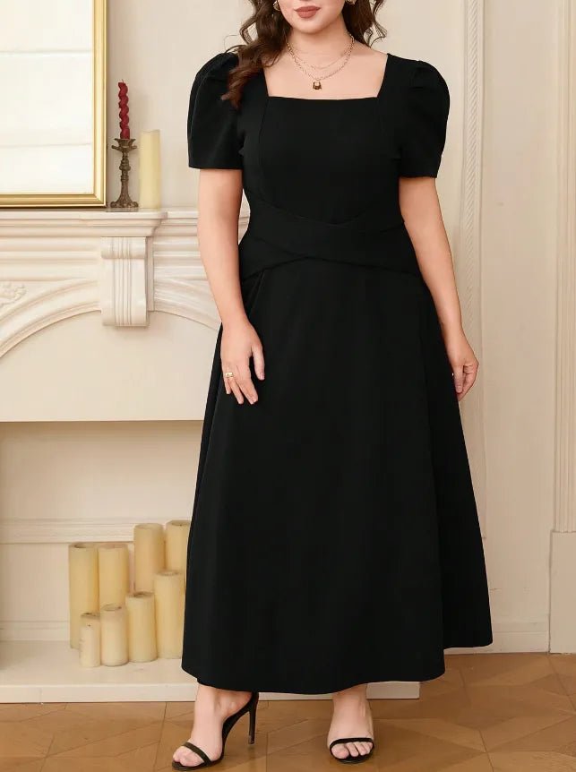 Plus Size Square Neck Puff Sleeve Midi Dress - adritiX