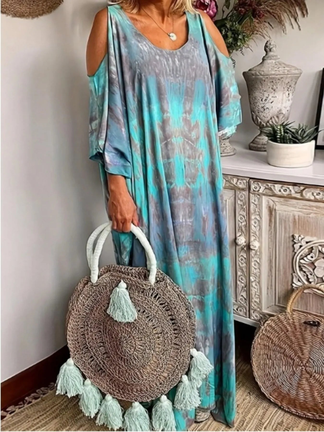 Plus Size Tie - Dye Cold Shoulder Maxi Dress - adritiX