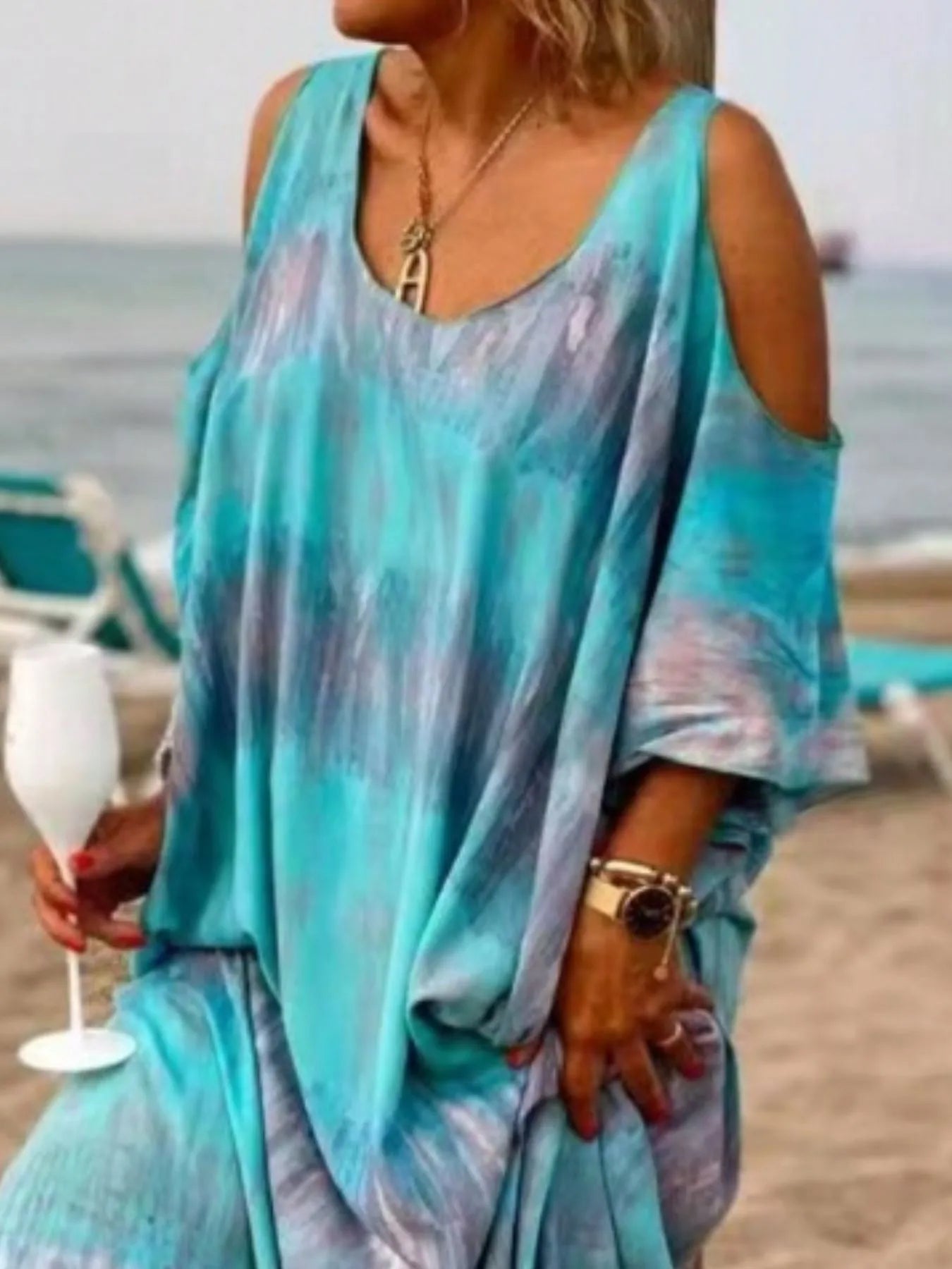 Plus Size Tie - Dye Cold Shoulder Maxi Dress - adritiX