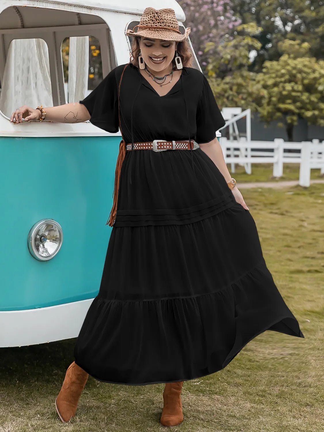 Plus Size Tie Neck Flutter Sleeve Dress - adritiX