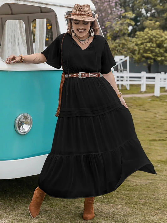 Plus Size Tie Neck Flutter Sleeve Dress - adritiX