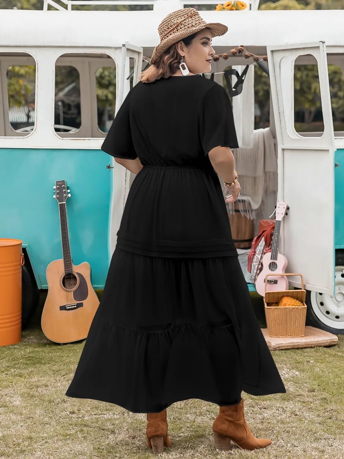 Plus Size Tie Neck Flutter Sleeve Dress - adritiX