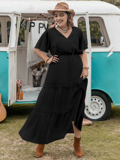 Plus Size Tie Neck Flutter Sleeve Dress - adritiX