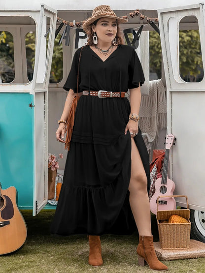 Plus Size Tie Neck Flutter Sleeve Dress - adritiX