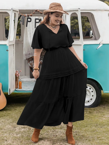 Plus Size Tie Neck Flutter Sleeve Dress - adritiX