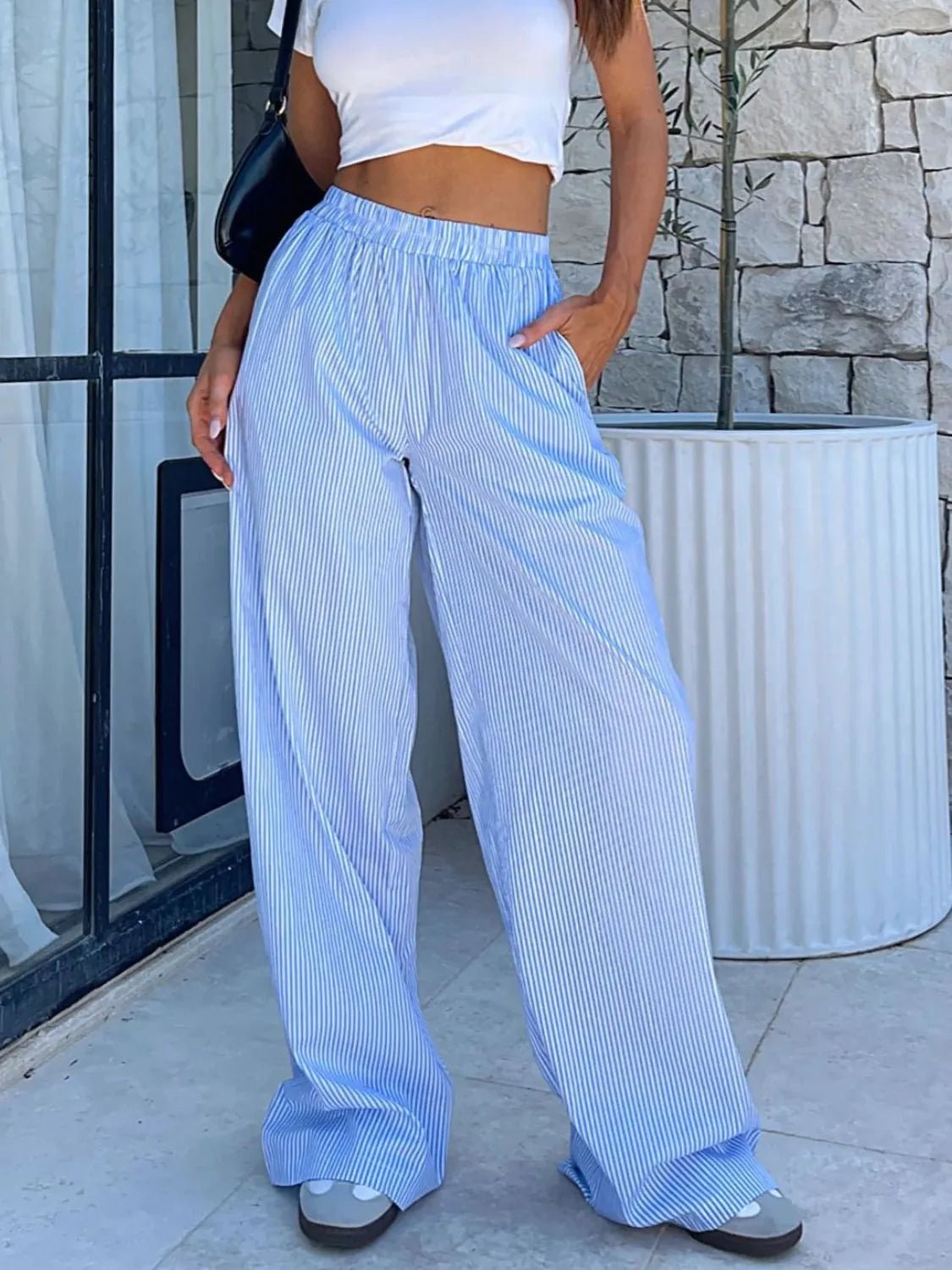 Pocketed Striped Wide Leg Pants - adritiX