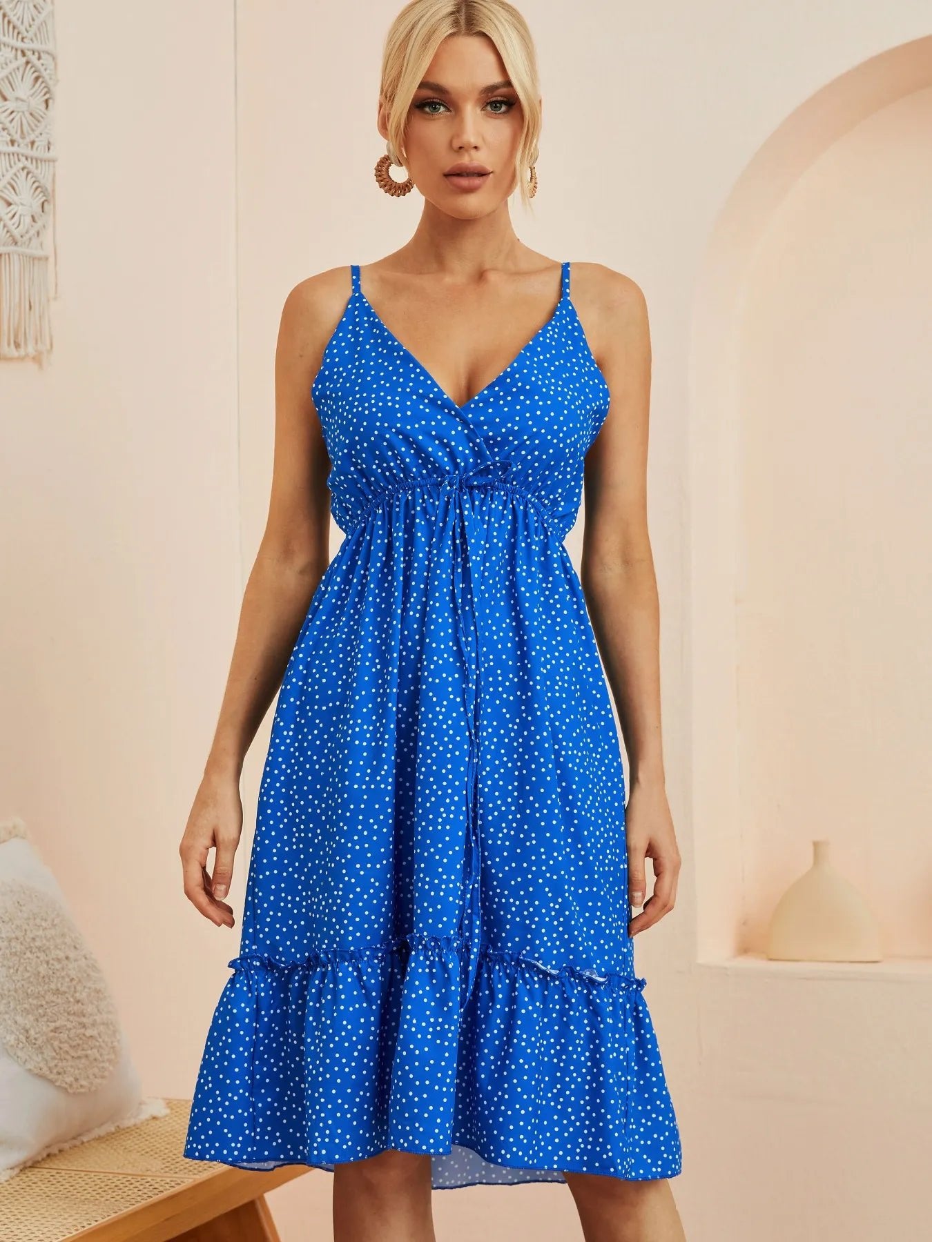 Polka Dot Ruffle Hem Mini Cami Dress - adritiX