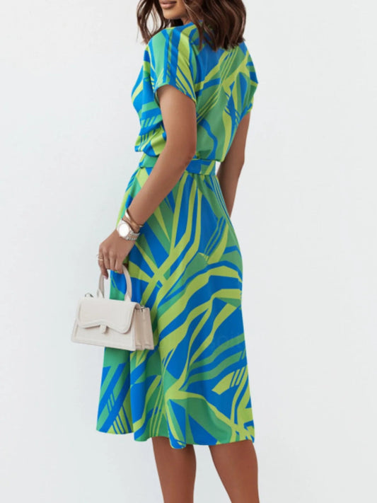 Printed Button Front Midi Dress with Belt - adritiX