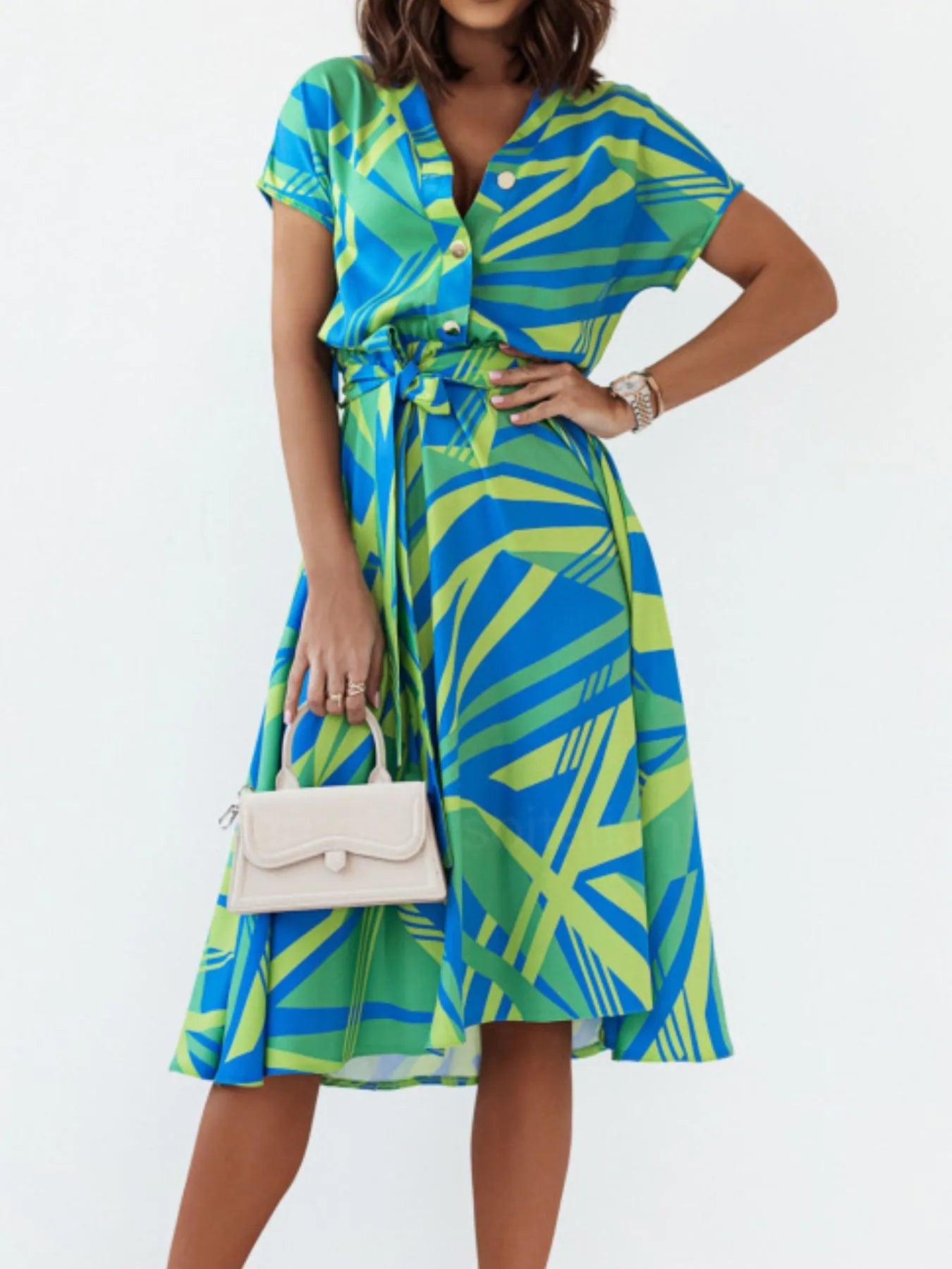 Printed Button Front Midi Dress with Belt - adritiX