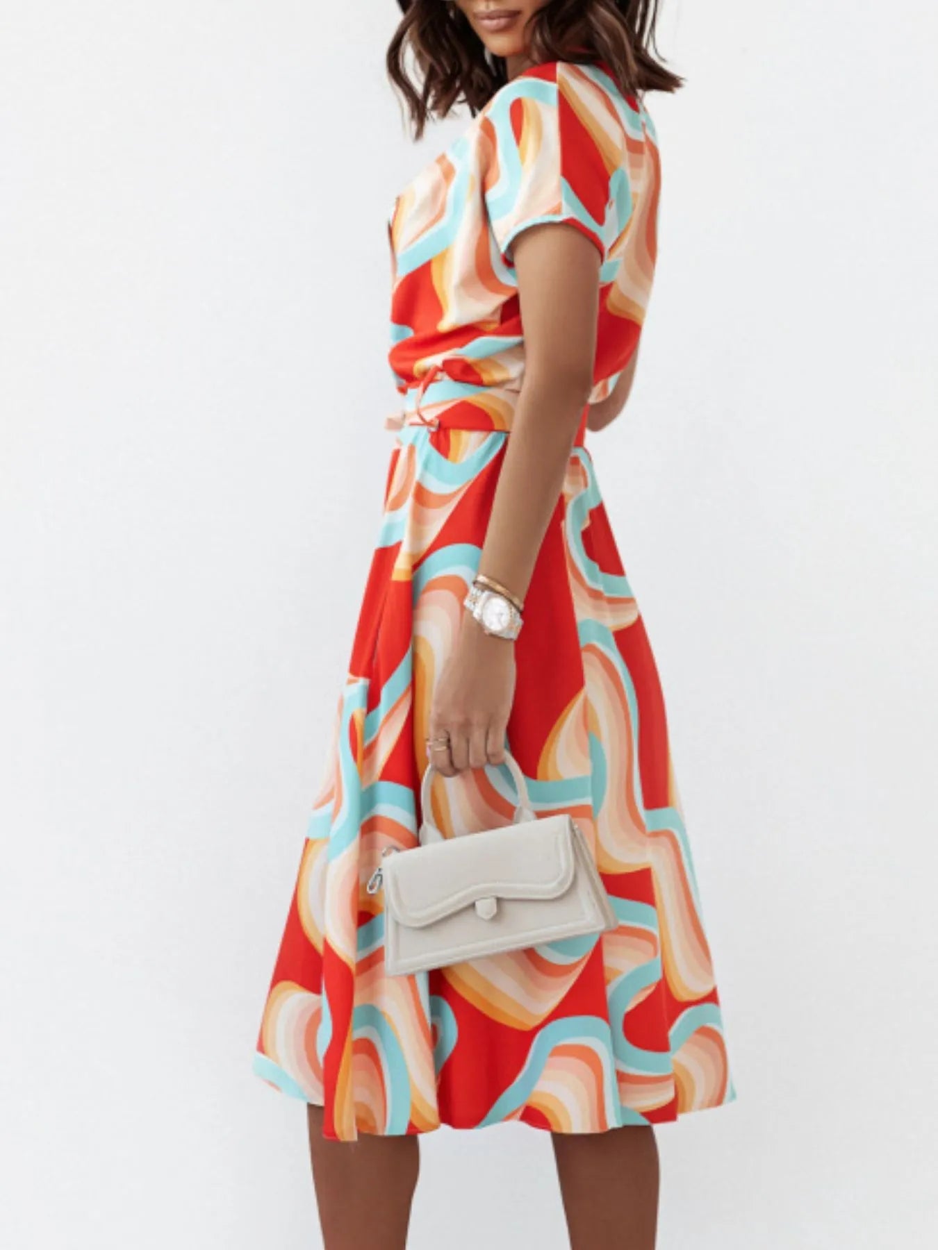 Printed Button Front Midi Dress with Belt - adritiX